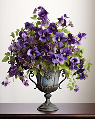 An enchanting arrangement captivated by velvety purple pansies, delicate blue delphinium flowers, and cascading green foliage, all contained within a charming antiquestyle iron urn