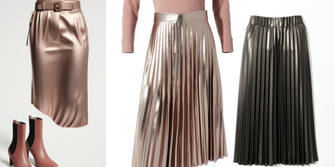 Embracing an eclectic flair, this recycled ensemble pairs a pleated metallic midi skirt with a fitted turtleneck sweater. The addition of ankle boots elevates this outfit, making