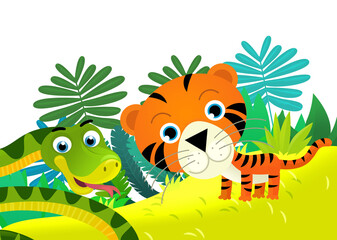 cartoon scene with happy tropical cat tiger in the jungle isolated illustration for children