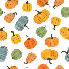 Seamless vector pattern with colorful pumpkins. Perfect for Thanksgiving, Halloween print, wrapping paper