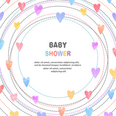 Baby shower vector illustration. Happy Birthday greeting card design with colorful hearts
