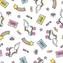 Seamless trendy 90s style pattern with cartoon elements. Textile, wrapping print