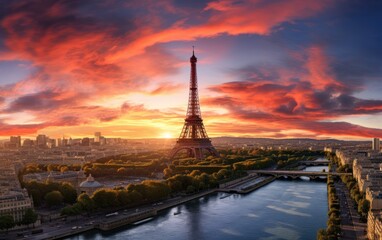 Panoramic sunset over Paris. Generative AI