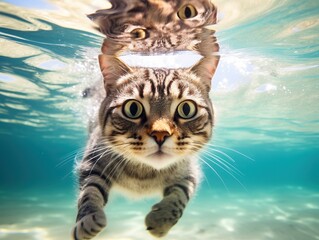 Close-Up Underwater Photo of a Cat in Crystal Clear Waters - Captivating Feline Aquatic Portrait