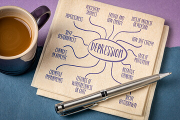 depression infographics or mind map sketch on a napkin with coffee, emotional and psychological...