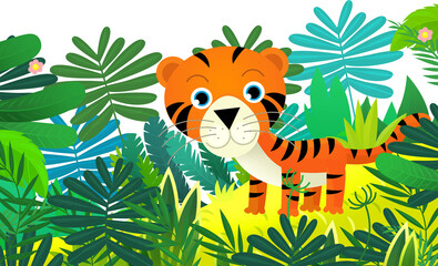 Obraz premium cartoon scene with happy tropical cat tiger in the jungle isolated illustration for children