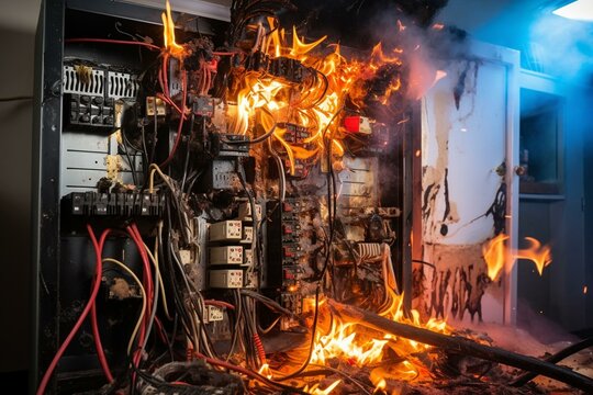 Fire risk with overloaded fuse box and short circuit in electrical panel. Burning switchboard with damaged wires in home's system. Generative AI