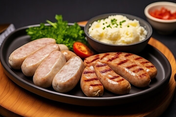 A traditional German meal with meat, mashed potatoes, and vegetables on a plate