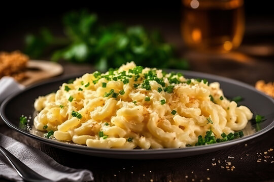 sp&auml;tzle A traditional German macaroni and cheese dish garnished with fresh parsley