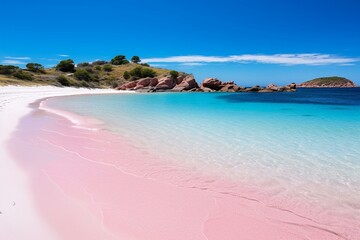 Stunning beach with pink sand on Budelli Island in the Maddalena archipelago, Sardinia. Generative AI - obrazy, fototapety, plakaty