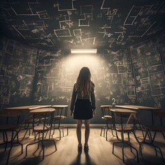 person sitting on a chair in front of a blackboard