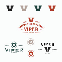 bundle set vintage Letter V symbol incorporate viper toxic reptile for breeding, livestock, and poison business logo design concept
