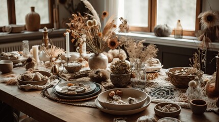 Fototapeta premium Captivating Bohemian-Inspired DIY Tablescape A Vibrant and Eclectic Fusion of Artistic Elements