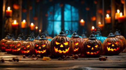 Fototapeta premium The flickering glow of candles bathes a room in ethereal light. Expertly carved pumpkins occupy tables and stone floors, their haunting faces spotlighted by candlelight. Generative AI