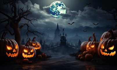Fototapeta premium Happy Halloween and scary night background. A haunted cemetery in the woods with glowing pumpkins in the foreground. AI digital art