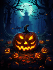A large laughing pumpkin waits abandoned for Halloween trick-or-treaters. Happy Halloween and Scary Night background. AI generated
