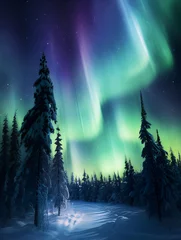 Zelfklevend Fotobehang Northern lights in the night sky, pine trees, nature, beautiful night with stars, aurora borealis, aurora polaris, polar lights, stars, norway, iceland, greenland © GrafitiRex