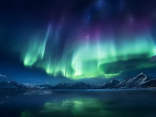 Meubelstickers Northern lights in the night sky, beautiful night with stars, aurora borealis, aurora polaris, polar lights, stars, norway, iceland, greenland © GrafitiRex