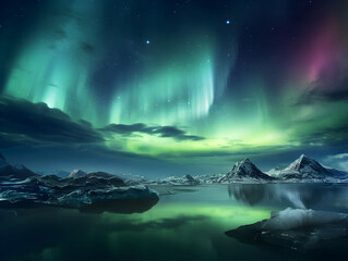 Northern lights in the night sky, mountain and snow, beautiful night with stars, aurora borealis, aurora polaris, polar lights, stars, norway, iceland, greenland