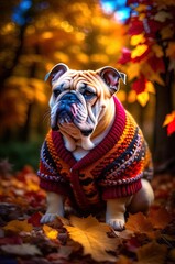 A detailed portrait of a bulldog in a charming sweater, set against a backdrop of brilliantly colored autumn leaves