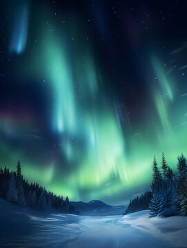 Northern lights in the night sky, pine trees, nature, beautiful night with stars, aurora borealis, aurora polaris, polar lights, stars, norway, iceland, greenland © GrafitiRex