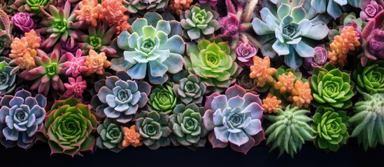 Green leaves of succulents and cacti up close in a home garden