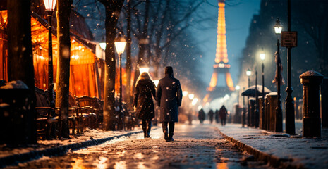 Night snowy Christmas Paris, New Year holiday, blurred background - AI generated image - obrazy, fototapety, plakaty