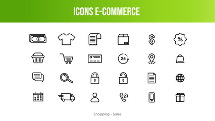 E-Commerce icons set of web in thick line, Online shopping icons for web and mobile app Business, mobile shop, digital marketing, bank card, gifts, sale, delivery, motion designer. Vector illustration