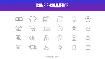 E-Commerce icons set of web in thin line, Online shopping icons for web and mobile app Business, mobile shop, digital marketing, bank card, gifts, sale, delivery, motion designer. Vector illustration