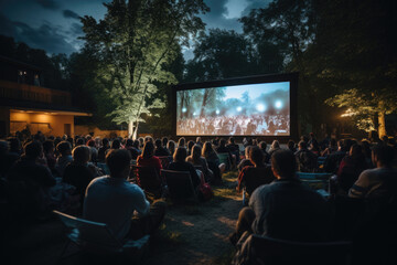 An outdoor cinema screening with viewers in cars, representing adaptations during the pandemic. Generative Ai.