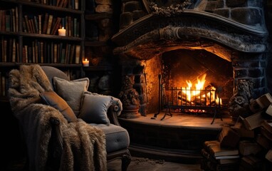 Obraz na płótnie Canvas A Cozy Reading Nook by a Fireplace, Perfect for a Relaxing Evening. Generative AI