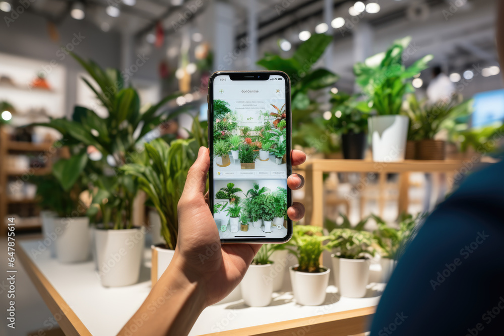 Poster shoppers comparing prices and product features on their smartphones while in-store. generative ai.