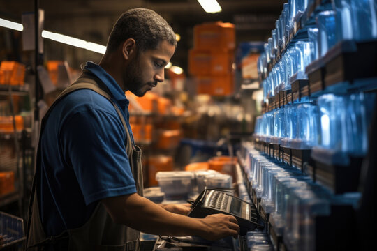 A store employee restocking shelves to meet the high demand of Black Friday shoppers. Generative Ai.