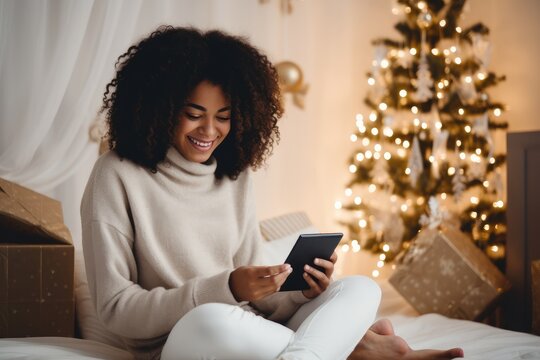 Young Beautiful Black Woman Making A Christmas Video Call