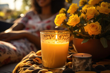 A person enjoys the soothing aroma of a scented candle, using fragrance to create a calming and sensory-rich environment. Generative AI.