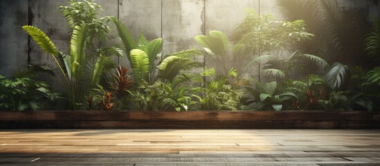 of an empty wooden wall with a concrete floor and a tropical garden backdrop with sunlight