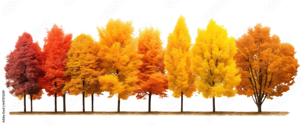 Wall mural grove of many autumn yellow trees side view, png file of isolated cutout object on transparent backg