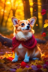 Corgi dog in sweater in autumn forest