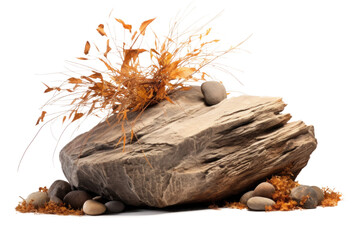 Fototapeta na wymiar stone rock with dry autumn grass around and orange leaves, png file of isolated cutout object on transparent background.