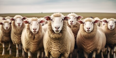 Group Of Sheeps Standing Next To Each Other On A Field. Generative AI