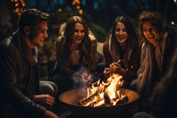 Friends gathered around a cozy bonfire, sharing stories and laughter as part of their Thanksgiving celebration. Generative Ai.