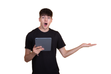 student isolated on background with tablet or computer with backpack