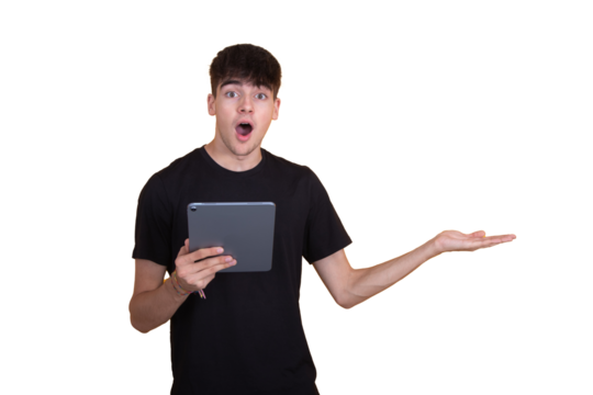 student isolated on background with tablet or computer with backpack