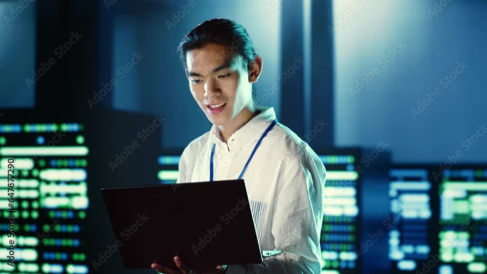 Poster skillful employee walking through data center systems providing processing resources for different w