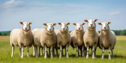 Fototapeta premium Group Of Sheeps Standing Next To Each Other On A Field. Generative AI
