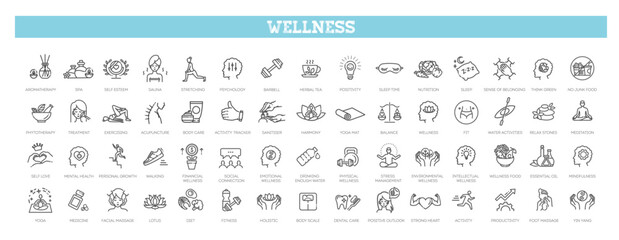 Wellness icons. Wellbeing, mental health, healthcare, cosmetics, spa, medical