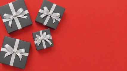 Gift boxes arranged on red background, Black Friday discounts concept, Marketing Material, Generative AI