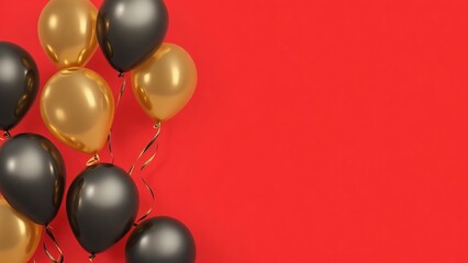 Black and golden balloons on a red background, Black Friday concept, elegant balloons, shiny balloons, Generative AI