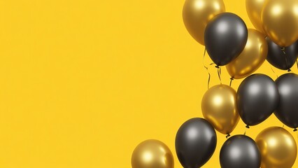 Black and golden balloons on a yellow background, Black Friday concept, elegant balloons, shiny balloons, Generative AI
