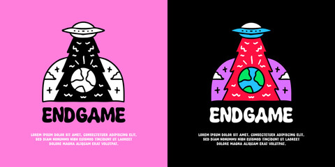 Spaceship invasion earth planet endgame typography, illustration for logo, t-shirt, sticker, or apparel merchandise. With doodle, retro, groovy, and cartoon style.